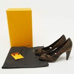 Pre Owned Fendi Tobacco Zucca Canvas and Leather Peep Toe Pumps Size 38