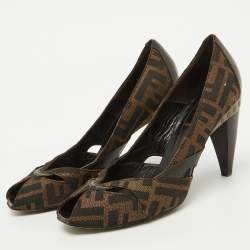 Pre Owned Fendi Tobacco Zucca Canvas and Leather Peep Toe Pumps Size 38