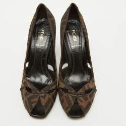 Pre Owned Fendi Tobacco Zucca Canvas and Leather Peep Toe Pumps Size 38