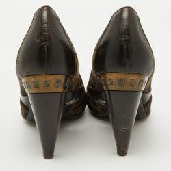 Pre Owned Fendi Tobacco Zucca Canvas and Leather Peep Toe Pumps Size 38