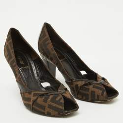 Pre Owned Fendi Tobacco Zucca Canvas and Leather Peep Toe Pumps Size 38