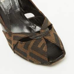 Pre Owned Fendi Tobacco Zucca Canvas and Leather Peep Toe Pumps Size 38