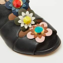 Fendi Black Leather Floral Applique Mules Size 37.5