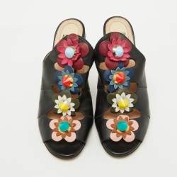 Fendi Black Leather Floral Applique Mules Size 37.5