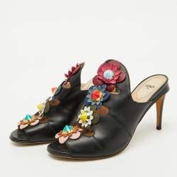 Fendi Black Leather Floral Applique Mules Size 37.5