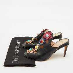 Fendi Black Leather Floral Applique Mules Size 37.5