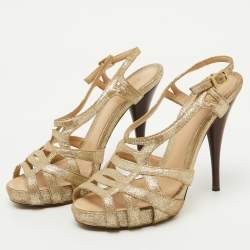 Fendi Metallic Gold Suede Caged Ankle Strap Platform Sandals Size 37.5