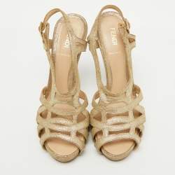 Fendi Metallic Gold Suede Caged Ankle Strap Platform Sandals Size 37.5