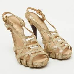 Fendi Metallic Gold Suede Caged Ankle Strap Platform Sandals Size 37.5