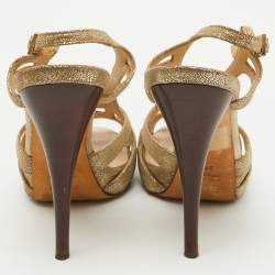 Fendi Metallic Gold Suede Caged Ankle Strap Platform Sandals Size 37.5