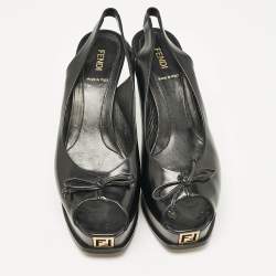Fendi Black Patent Leather Peep Toe Slingback Platform Sandals Size 39