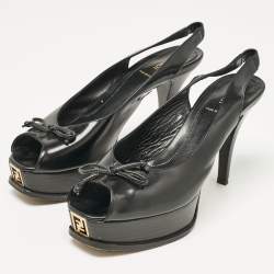 Fendi Black Patent Leather Peep Toe Slingback Platform Sandals Size 39