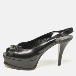 Fendi Black Patent Leather Peep Toe Slingback Platform Sandals Size 39