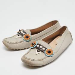 Fendi Grey Leather Studded Flowerland Loafers Size 38