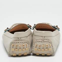 Fendi Grey Leather Studded Flowerland Loafers Size 38