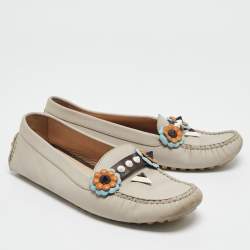 Fendi Grey Leather Studded Flowerland Loafers Size 38
