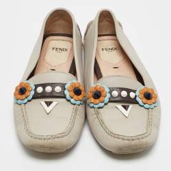 Fendi Grey Leather Studded Flowerland Loafers Size 38