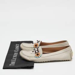 Fendi Grey Leather Studded Flowerland Loafers Size 38