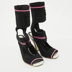 Fendi Black Knit Fabric Peep Toe Cut Out Sandals Size 37