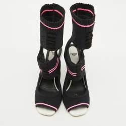 Fendi Black Knit Fabric Peep Toe Cut Out Sandals Size 37