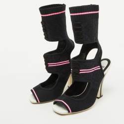 Fendi Black Knit Fabric Peep Toe Cut Out Sandals Size 37