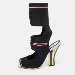 Fendi Black Knit Fabric Peep Toe Cut Out Sandals Size 37