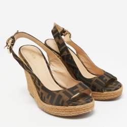 Fendi Brown Canvas Wedge Espadrille Sandals Size 36