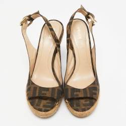 Fendi Brown Canvas Wedge Espadrille Sandals Size 36
