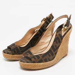 Fendi Brown Canvas Wedge Espadrille Sandals Size 36