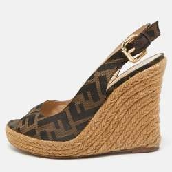 Fendi Brown Canvas Wedge Espadrille Sandals Size 36
