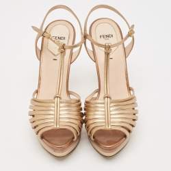 Pre Owned Fendi Gold/Bronze Leather Strappy T-Bar Platform Sandals Size 39