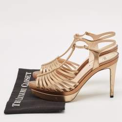 Pre Owned Fendi Gold/Bronze Leather Strappy T-Bar Platform Sandals Size 39