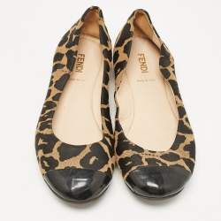 Fendi Brown/Black Patent Leather And Canvas Leopard Print Cap Toe Ballet Flats Size 39