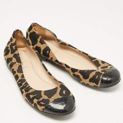 Fendi Brown/Black Patent Leather And Canvas Leopard Print Cap Toe Ballet Flats Size 39