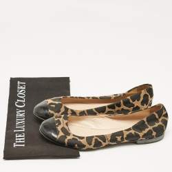 Fendi Brown/Black Patent Leather And Canvas Leopard Print Cap Toe Ballet Flats Size 39