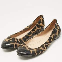 Fendi Brown/Black Patent Leather And Canvas Leopard Print Cap Toe Ballet Flats Size 39