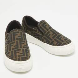 Fendi Brown Canvas and Fabric FF Slip On Sneakers Size 37