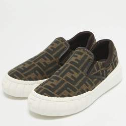 Fendi Brown Canvas and Fabric FF Slip On Sneakers Size 37