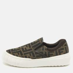 Fendi Brown Canvas and Fabric FF Slip On Sneakers Size 37