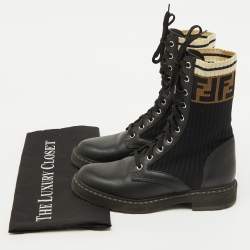 Pre Owned Fendi Black Leather and Zucca Stretch Fabric Rockoko Combat Boots Size 35.5