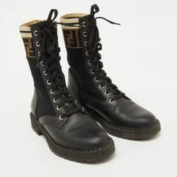 Pre Owned Fendi Black Leather and Zucca Stretch Fabric Rockoko Combat Boots Size 35.5