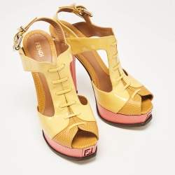Fendi Yellow Lizard Embossed Leather and Patent Leather Fendista Platform Sandals Size 38.5