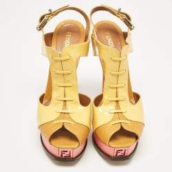 Fendi Yellow Lizard Embossed Leather and Patent Leather Fendista Platform Sandals Size 38.5