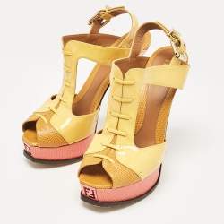 Fendi Yellow Lizard Embossed Leather and Patent Leather Fendista Platform Sandals Size 38.5