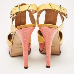 Fendi Yellow Lizard Embossed Leather and Patent Leather Fendista Platform Sandals Size 38.5
