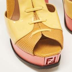 Fendi Yellow Lizard Embossed Leather and Patent Leather Fendista Platform Sandals Size 38.5