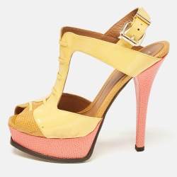 Fendi Yellow Lizard Embossed Leather and Patent Leather Fendista Platform Sandals Size 38.5