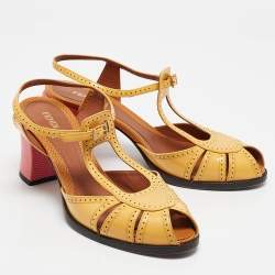 Pre Owned Fendi Yellow Patent Leather Chameleon Block Heel Sandals Size 40.5 