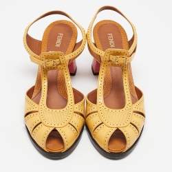 Pre Owned Fendi Yellow Patent Leather Chameleon Block Heel Sandals Size 40.5 