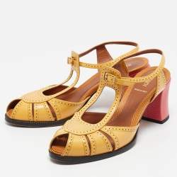 Pre Owned Fendi Yellow Patent Leather Chameleon Block Heel Sandals Size 40.5 